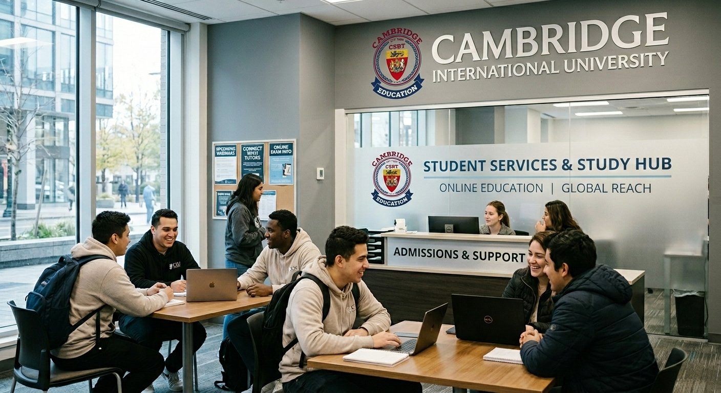 Students collaborating inside the Cambridge School of Business and Technology